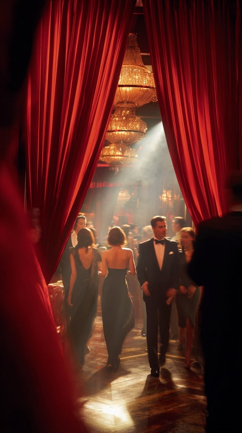 Guests arriving beneath the chandelier
