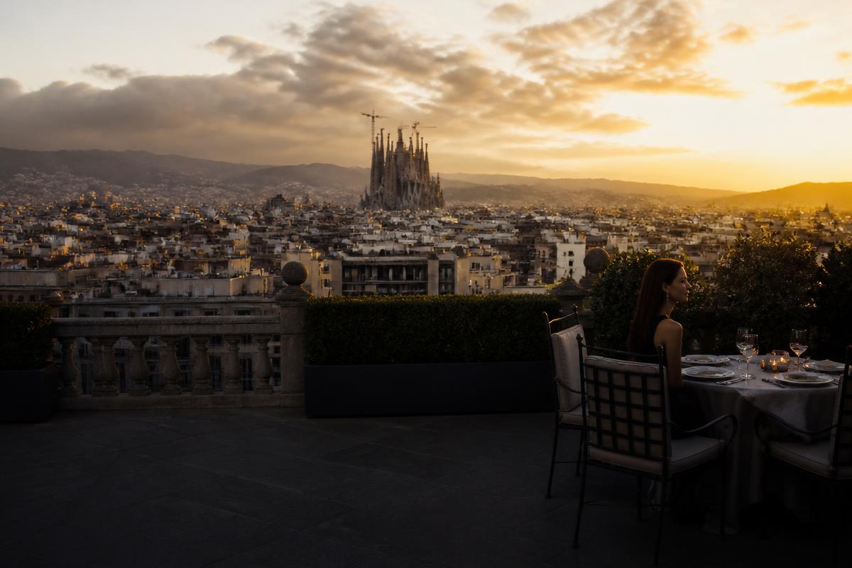 Barcelona and the Sagrada Familia from an elegant rooftop terrace