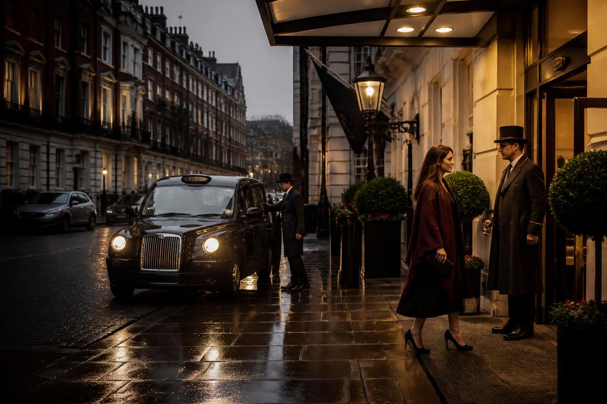 A guest arriving at a Mayfair hotel on a rainy evening