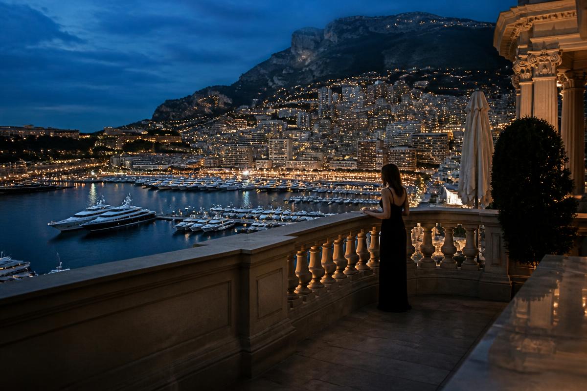 Monaco harbor viewed from a private hotel terrace at blue hour