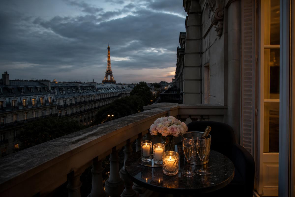 The Eiffel Tower viewed from an intimate Paris hotel balcony