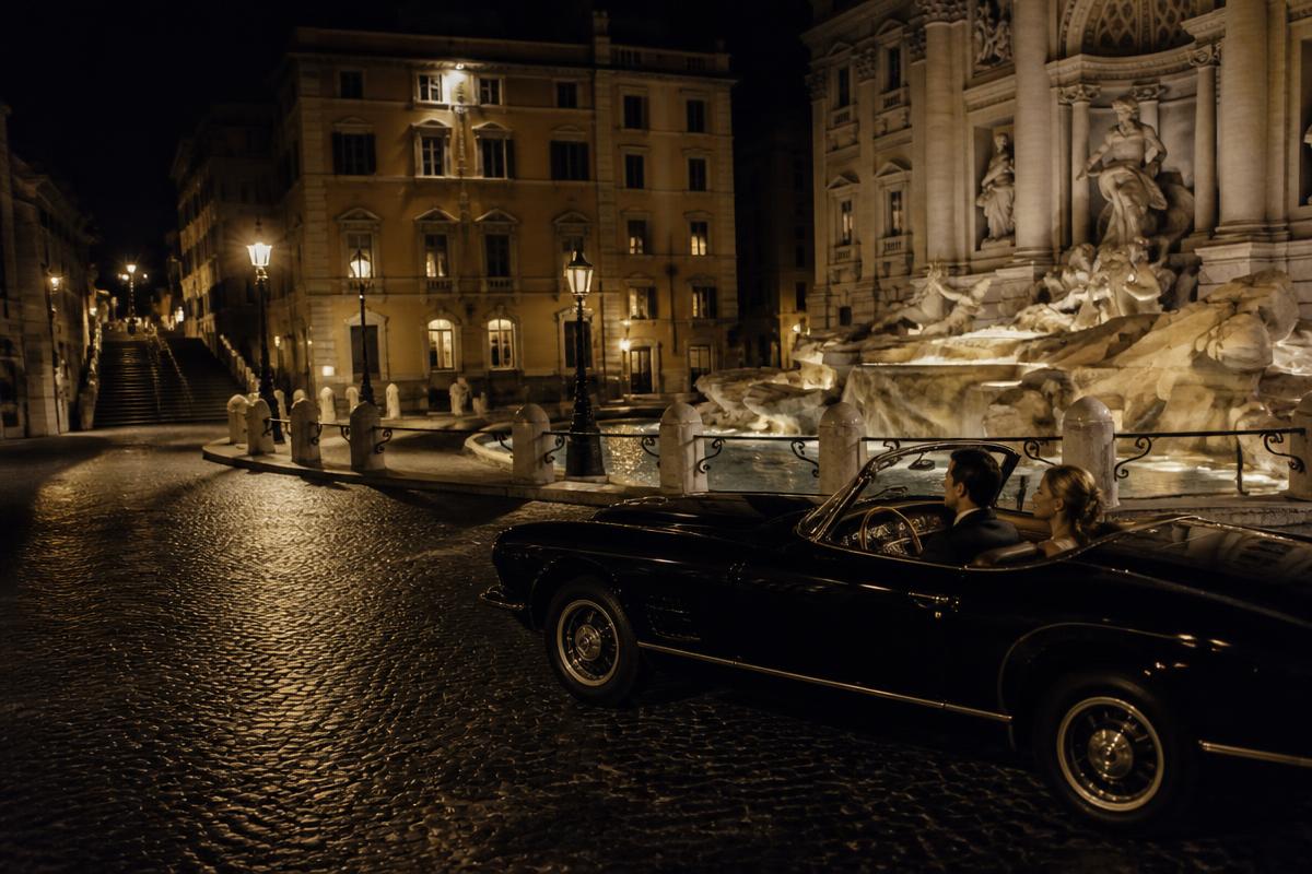 A vintage convertible beside the Trevi Fountain after midnight