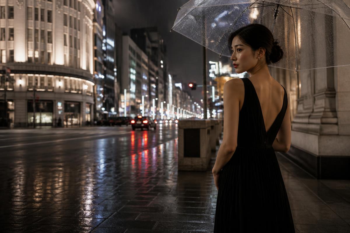 An elegant woman beneath an umbrella on a rain-soaked Tokyo street