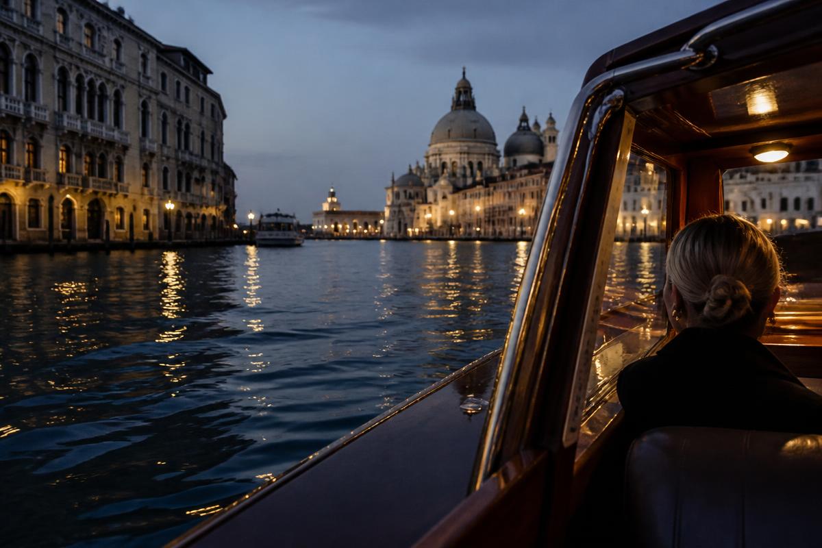 The Grand Canal viewed from a mahogany water taxi at twilight